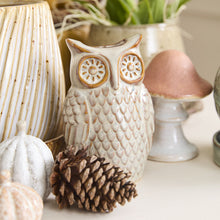 Load image into Gallery viewer, The Great Horned Owl Vase, with a grey reactive glaze and textured feathers, sits on a table among a pine cone, ceramic pumpkin, mushroom, and other decor.