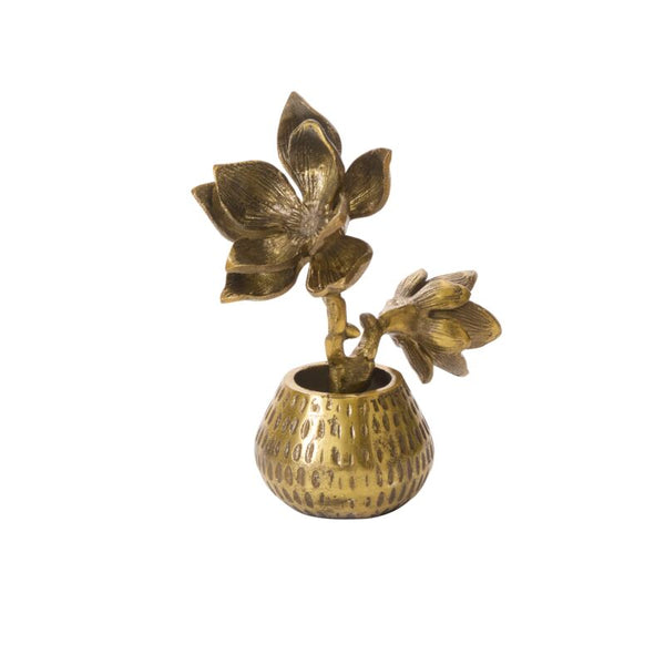 The Golden Cast Aluminum Flower & Pot features a small, decorative butterfly magnolia sculpture with textured petals in a round, antique gold vase, set against a plain white background.
