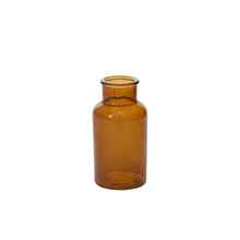 Load image into Gallery viewer, A Transluscent Amber Bud Vase with a wide neck and cylindrical shape, labeled AD 32171, is displayed empty against a plain white background.