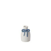 Load image into Gallery viewer, The Budvase w/ Bow is a small white ceramic vase with a narrow opening, featuring a shiny blue bow on the front—ideal for spring event decor and part of the Bundle of Joy Budvases collection.