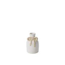 Load image into Gallery viewer, The Budvase w/ Bow is a small white ceramic vase with a narrow opening and beige bow, ideal for spring event decor. Part of our Bundle of Joy Budvases collection, it’s shown on a plain white background.