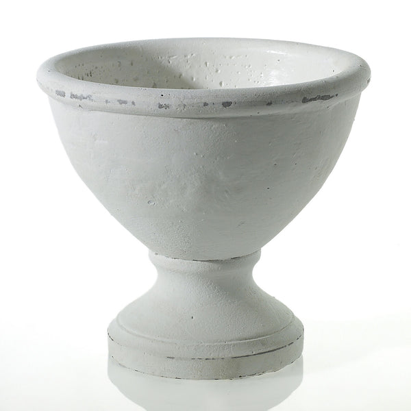 The Rustic White Compote features a textured concrete finish, wide rounded top, and narrow base—ideal as a floral arrangement vase. Shown against a plain white background.