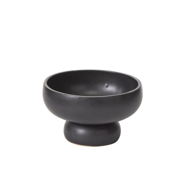The Glossy Black Compote features a wide, rounded body and a thick, sturdy base, ideal for displaying an ikebana arrangement. Shown against a plain white background.