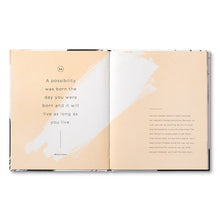 Load image into Gallery viewer, The Beautiful Thoughts Book features an open spread: the left page displays Marcus Solero’s quote, "A possibility was born the day you were born and it will live as long as you live," while the right shows a short passage on a beige background.