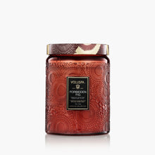 Load image into Gallery viewer, A large, embossed red Voluspa 18oz Glass Jar Candle with a gold lid features a black and gold label on the front. This clean-burning candle is showcased against a plain white background.