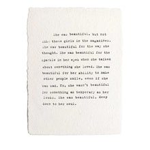 Load image into Gallery viewer, The Handmade Paper Print by Lit Decor and Gift features black typewritten text on textured, recycled paper, celebrating true beauty through kindness and passion—a perfect eco-friendly wall decor piece.