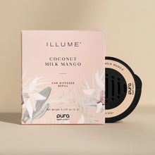 Load image into Gallery viewer, A pink box and a round, black Pura Car Diffuser Refill sit side by side on a beige background. The box features floral designs, emphasizing stylish car fragrances.
