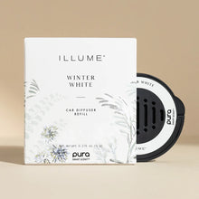 Load image into Gallery viewer, A box labeled Pura Car Diffuser Refill is displayed in front of a round Pura car air freshener. Subtle botanical illustrations decorate the beige packaging, ideal for experiencing premium car fragrances.