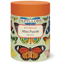 Load image into Gallery viewer, A cylindrical box labeled Vintage 240 Piece Puzzle features colorful butterfly illustrations on a light green background with an orange lid, making it a delightful gift for any puzzle lover.