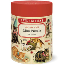 Load image into Gallery viewer, A cylindrical container holds the Vintage 240 Piece Puzzle, featuring vintage-style illustrations of playful cats and kittens—a charming gift for any puzzle lover.