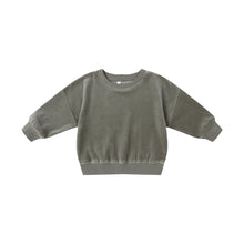 Load image into Gallery viewer, The Velour Relaxed Sweatshirt, shown here in gray with long sleeves and a crew neck, features ribbed cuffs and waistband. It is laid flat on a white background.