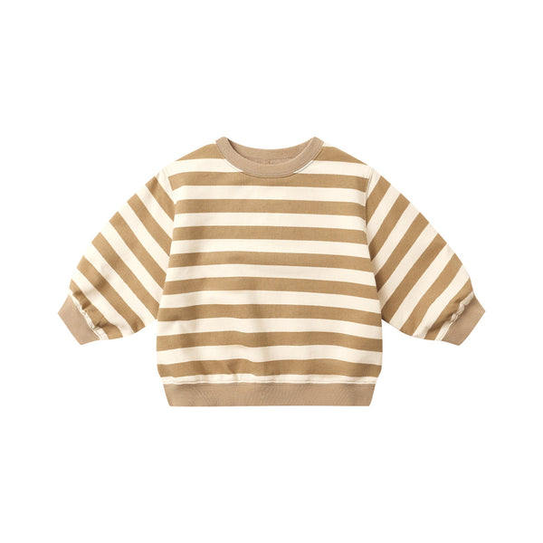 The Oversized Crew Sweatshirt in beige and white stripes features ribbed cuffs, collar, and hem. Made from cozy fleece, it is shown laid flat on a white background.