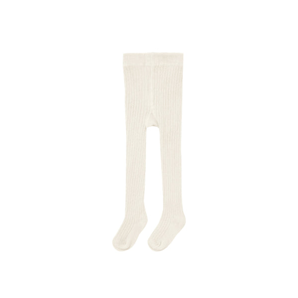 A pair of Tights - Natural, cream-colored rib knit footed tights for children, is laid flat on a white background.