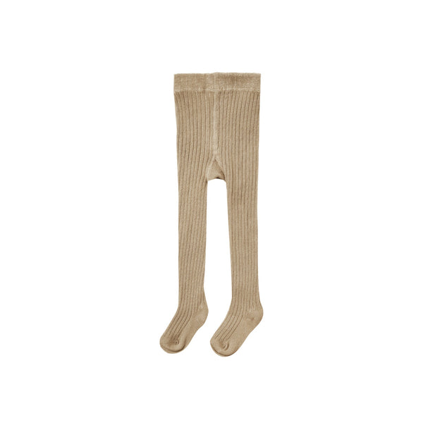 Gold rib knit footed children's tights, laid flat on a white background.