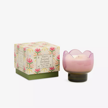 Load image into Gallery viewer, A Boxed Tulip Glass Candle by Paddywax, in a pink flower-shaped holder with a floral box labeled Bronzed Garden, features green, pink, yellow accents and the fresh scent of Cactus Flower.