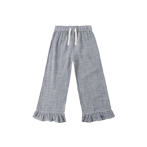 The Wide Leg Ruffle Pant features a blue and white marine gingham print, an elastic waistband with white drawstring, and a delicate ruffle hem, shown laid flat on a white background.