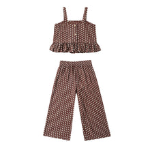 Load image into Gallery viewer, The Kayli Set - Chocolate Polka Dot features a cropped tank with shoulder straps, front buttons, and ruffled hem, paired with matching wide leg pants with an elastic waistband.