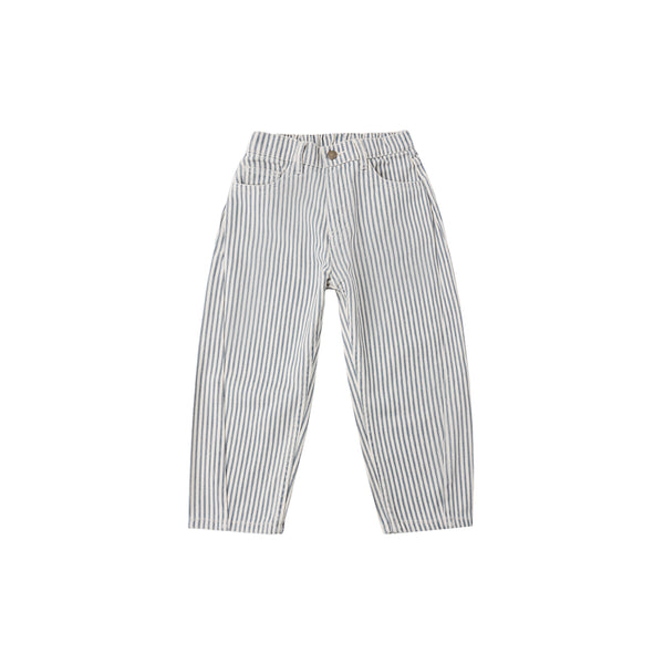 The Barrel Pant - Railroad Stripe features vertical stripes, a high-waisted relaxed fit, front pockets, and an elastic waistband, shown against a white background.