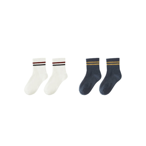 The 2-Pack Socks set includes two different styles: one pair in white with red and black stripes, and another pair in dark blue with yellow stripes, both classic striped designs displayed on a white background.