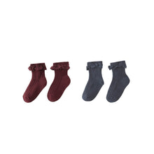 Load image into Gallery viewer, This 2-Pack Socks set for children includes two styles: one pair in dark red and one in dark gray, both with a delicate frilly lace trim at the top.