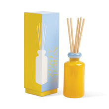 Load image into Gallery viewer, A yellow Stacked Reed Diffuser with wooden reeds and a blue neck sits beside its matching Zesty Lemon box, featuring bold yellow and white text on a blue and yellow background, bringing vibrant fragrance to your space.
