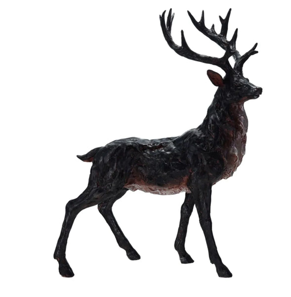 The Resin Deer is a hand-painted, dark bronze sculpture featuring large, branched antlers. Standing upright and facing right against a white background, it’s a striking decorative piece perfect for adding rustic charm to your space.