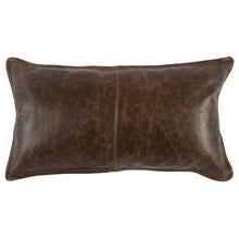 Load image into Gallery viewer, The 14x26 Leather Pillow is rectangular, made from dark brown genuine leather with visible stitching down the center and edges, displayed on a white background.