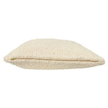 Load image into Gallery viewer, The 20" Cream Boucle Pillow is shown from the side, made of textured cotton bouclé with a visible gold zipper along the edge—ideal as a farmhouse decorative accent.
