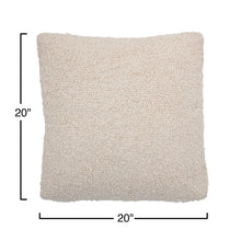 Load image into Gallery viewer, The 20" Cream Boucle Pillow features a soft, nubby cream-colored cotton surface in a farmhouse style and measures 20 x 20 inches, marked by black lines and measurement labels on the left and bottom sides.