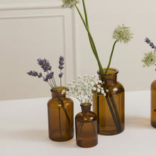 Load image into Gallery viewer, Three Transluscent Amber Bud Vases, each filled with lavender and white baby's breath, are arranged elegantly as budvases on a white surface against a cream-colored wall.