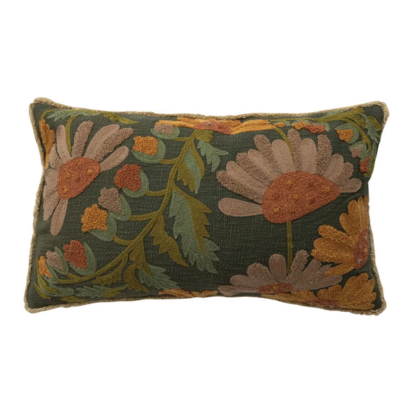 Embroidered Lumbar Pillow With Fringe