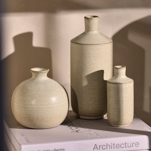 A Minty Green Cove Budvase sits atop a closed book titled Architecture, its unique ceramic shape highlighted by soft sunlight that casts gentle shadows on the wall behind it.