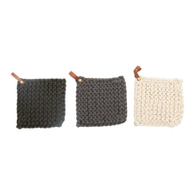 Load image into Gallery viewer, Grey/Ivory Crocheted Pot Holder w/ Leather Loop