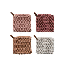 Load image into Gallery viewer, Pink/Ivory Crocheted Pot Holder w/ Leather Loop