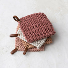 Load image into Gallery viewer, Pink/Ivory Crocheted Pot Holder w/ Leather Loop