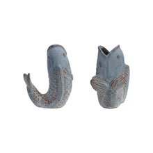 Load image into Gallery viewer, The Fish-Shaped Vase is a handcrafted ceramic piece with textured scales and fins, glazed in light blue. Shown from side and front angles against a white background, it's ideal for coastal home decor.