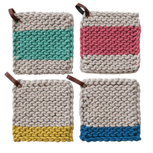 Load image into Gallery viewer, Set of four crocheted pot holders with a leather strap, each featuring a unique colored stripe—green, pink, yellow, or blue—on a beige background. Available in four styles.