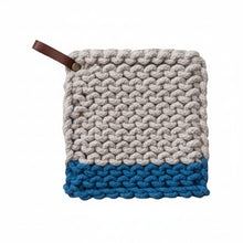 Load image into Gallery viewer, The Crocheted Pot Holder w/ Leather Strap, available in 4 styles, features chunky cotton craftsmanship and a stylish leather loop—perfect for protecting hands while adding charm to your kitchen.