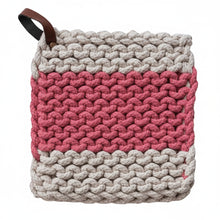 Load image into Gallery viewer, The Crocheted Pot Holder w/ Leather Strap comes in 4 styles, featuring a square chunky knit with a central pink stripe, beige borders, and a brown leather loop for easy hanging and reliable kitchen heat protection.