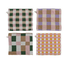 Load image into Gallery viewer, The Dish Cloth w/ 4 Checked &amp; Plaid Styles features four cotton knit pot holders in assorted checked and plaid patterns, each with a hanging loop, arranged in a 2x2 grid on a white background.