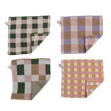 Load image into Gallery viewer, Dish Cloth w/ 4 Checked &amp; Plaid Styles: set of four square cotton dish cloths featuring green/pink, purple/beige, green/beige, and yellow/pink plaid patterns, each with a hanging loop and one corner folded—ideal for kitchen cleaning.