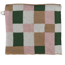 Load image into Gallery viewer, The Dish Cloth w/ 4 Checked &amp; Plaid Styles features a cotton knit checkerboard in white, pink, green, and brown with a small hanging loop in the upper left corner—perfect for kitchen cleaning.