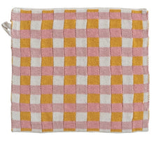 Load image into Gallery viewer, The Dish Cloth w/ 4 Checked &amp; Plaid Styles features a square shape with pink, yellow, and white checked and plaid patterns plus a corner hanging loop—ideal for bringing charm and convenience to your kitchen cleaning routine.
