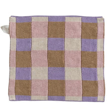 Load image into Gallery viewer, The Dish Cloth w/ 4 Checked &amp; Plaid Styles features a square cotton knit design with pink, brown, beige, and lavender checks. A corner fabric loop makes hanging easy—ideal for kitchen cleaning.