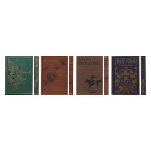 Load image into Gallery viewer, Six vintage hardcover books with decorative botanical and western covers stand upright against a white background, offering the perfect inspiration for your Canvas Journal, available in 4 styles.