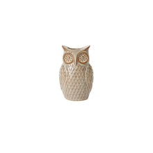 Load image into Gallery viewer, The Great Horned Owl Vase, crafted from beige ceramic and featuring detailed feather patterns and large round eyes, is displayed against a plain white background.
