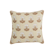 Load image into Gallery viewer, The Mudpie Block Print Flower Knot Pillow features a beige background with brown and white floral motifs, brown edge piping, and is available in 2 styles.