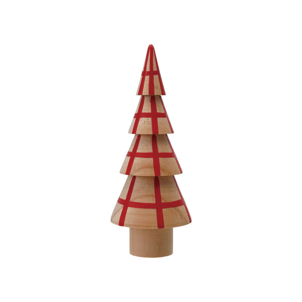 The Hand Painted Wood Tree is a wooden, cone-shaped Christmas tree with four tiers adorned with red grid lines, creating a charming holiday accent. It stands upright against a plain white background.