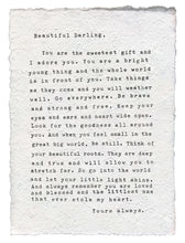 Load image into Gallery viewer, The Handmade Paper Print by Lit Decor and Gift features a typed message of encouragement and love, reminding recipients theyre a gift. This inspiring quote wall decor uplifts with reminders to be brave, seek goodness, and know they are loved and blessed.