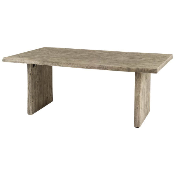The Jefferson Dining Table by Lit Decor and Gift features a natural wood top with a thick, flat surface and two wide, sturdy legs at each end.